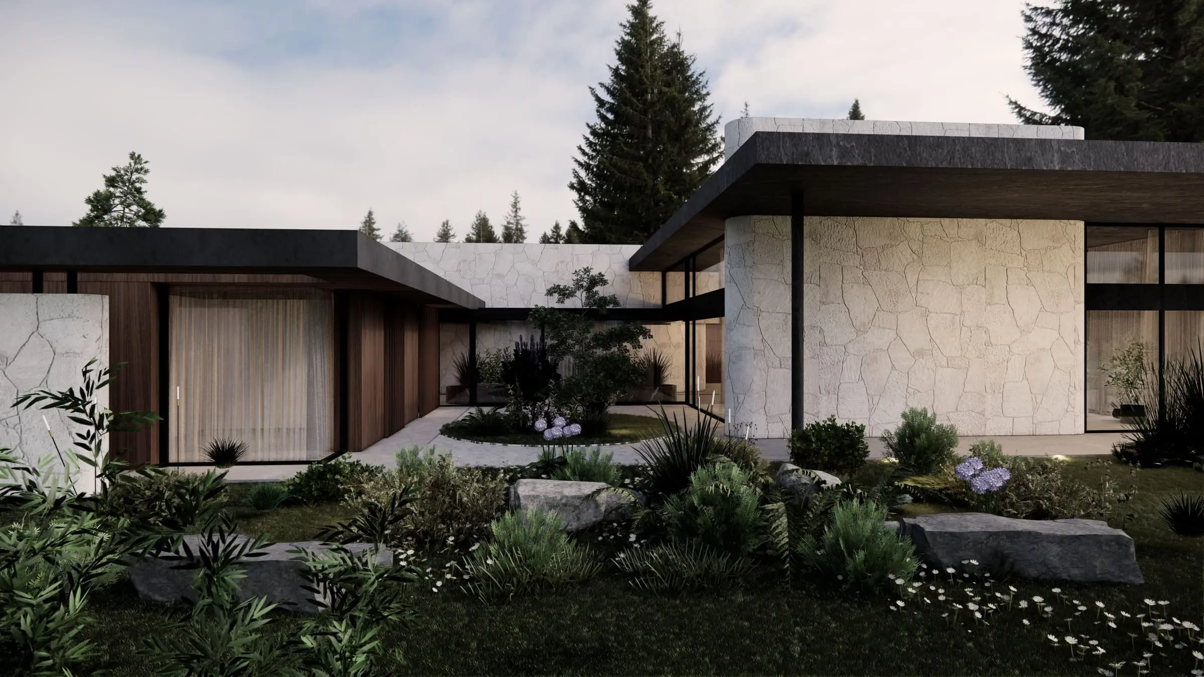 House Among the Orchards — the stone wall running through the house